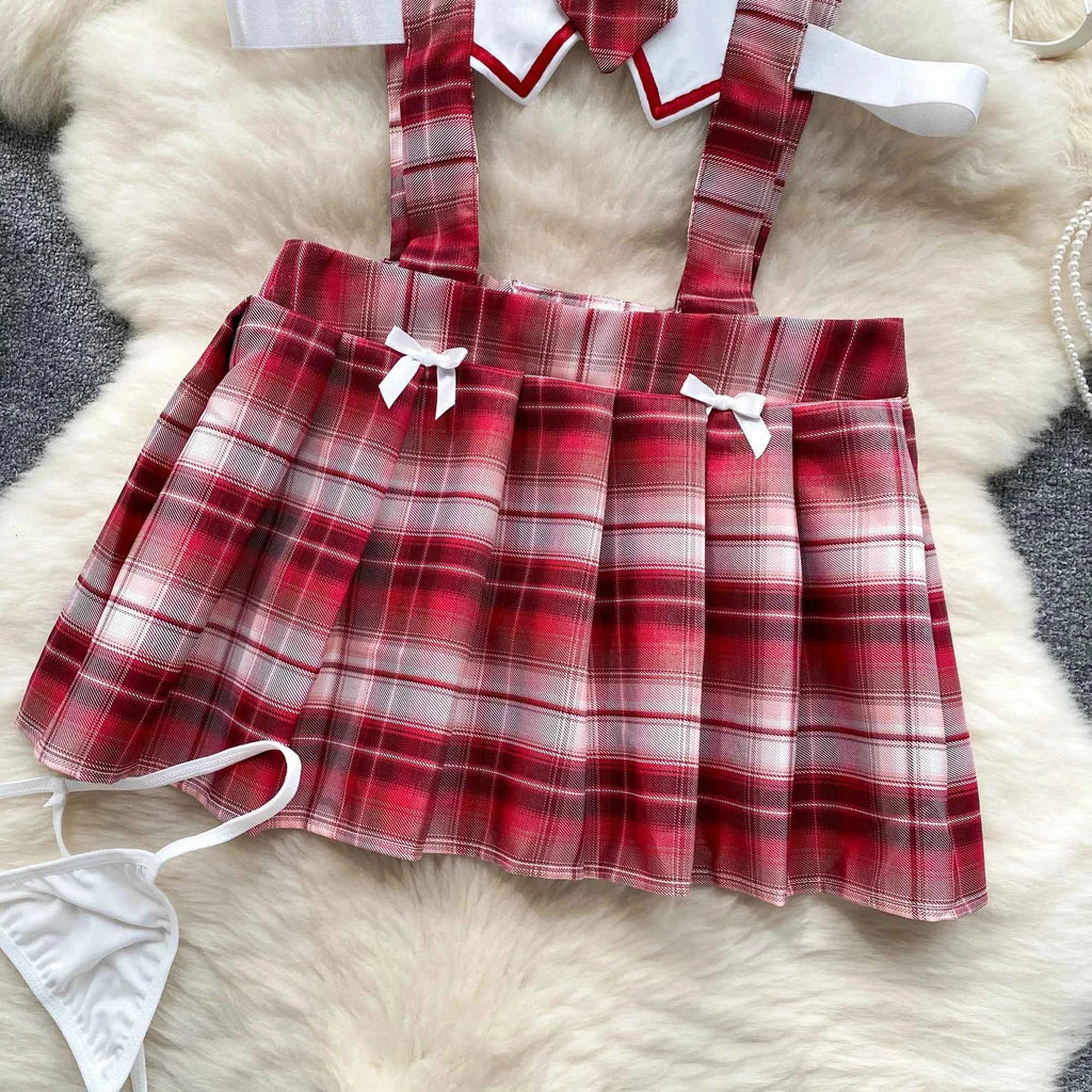 Girls Sexy Cute Japanese JK Uniform  Mini Checkered Strap Skirt Off Shoulder High Waist Elastic Cosplay Dress Hot Sweet Pajama
