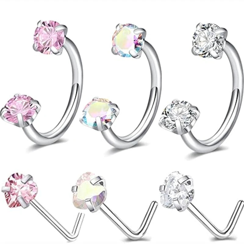 6PCSB Metal color Stainless Steel Nose Ring Set With CZ Studs & Horseshoe
