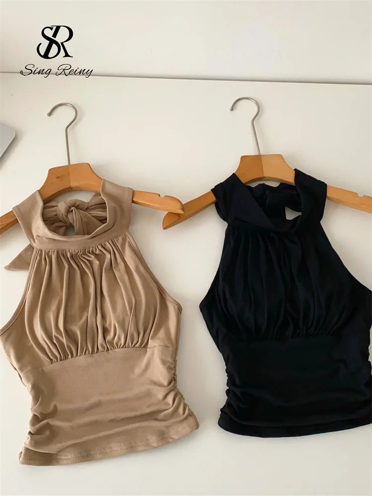 SINGREINY Office Lady Elastic Slim Tank Top Fashion Women Halter Sleeveless Lace Up Solid Short Camis Ruched Backless Sexy Top