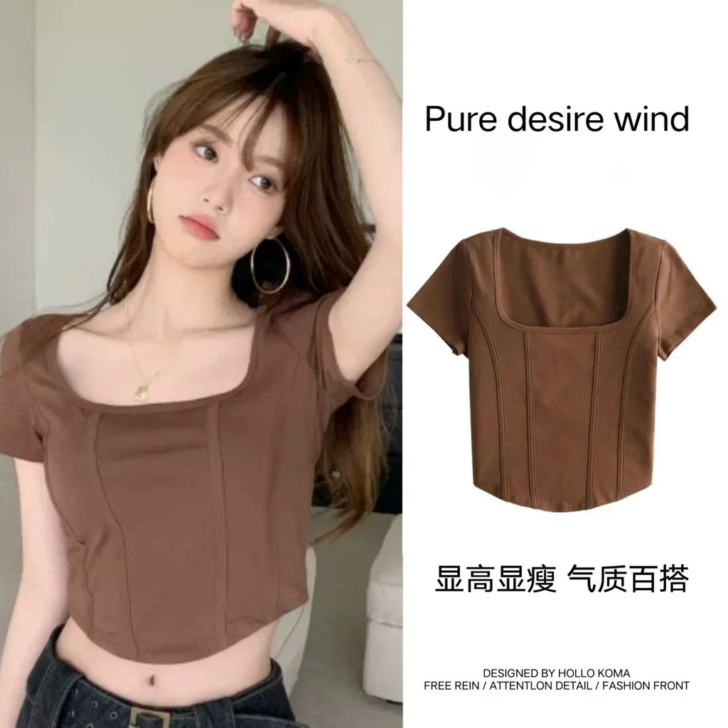 T Shirt Crop Top Women Summer 2026 Flowers Print Cotton Square Collar Pullovers Woman Short Sleeve Tees Slim Fit Sexy Top Female