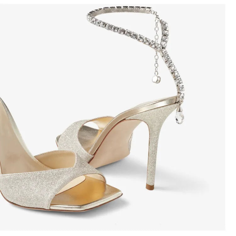 Colorful Chain Water Diamond Sandals Brand Walk Show Fish Mouth Evening Dress Elegant High Heels 2023 New Pendant Women's Shoes