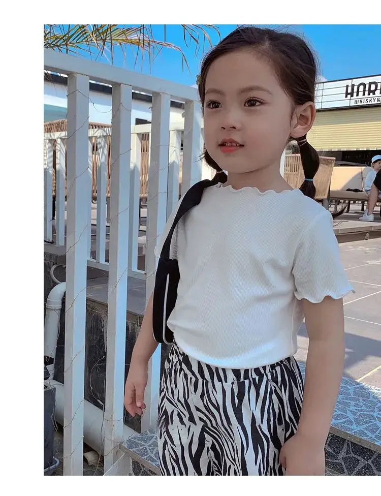 Girls' Casual Ice Silk Short-Sleeve T-Shirt, New Korean Style Children's Ruffled Top, Solid Color, Simple and Versatile