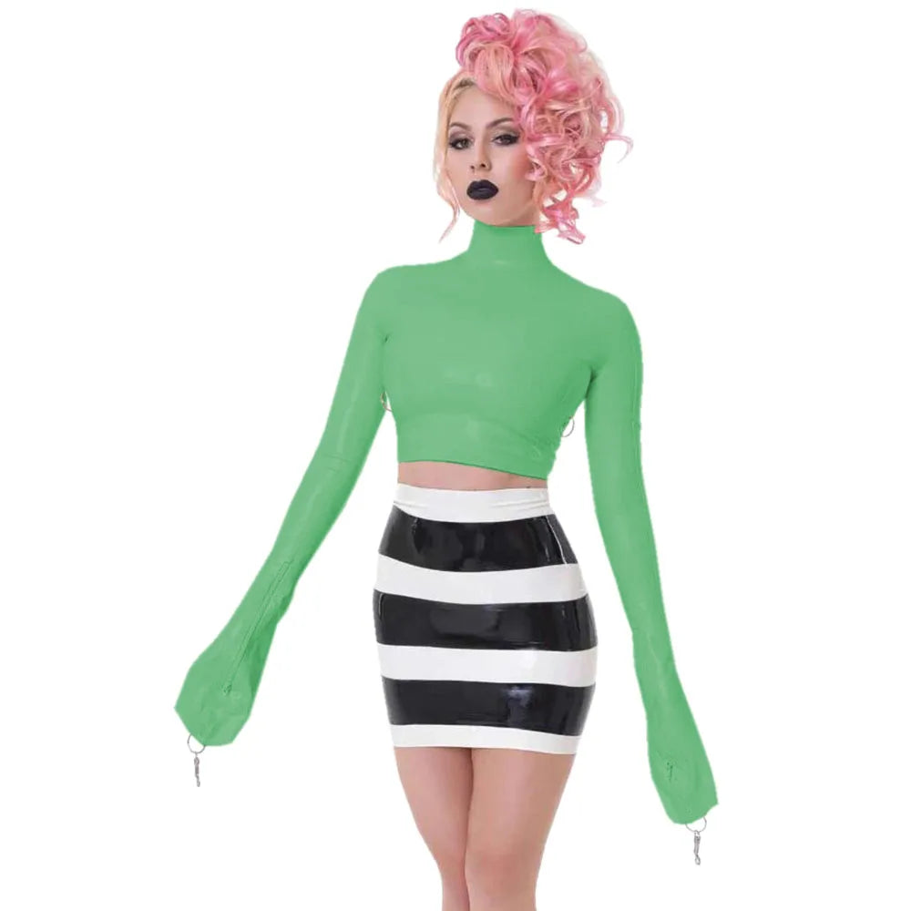 Sexy Crop Tops with Finger High Neck, Slim Skinny Leather, PVC Short Shirts, Vinyl Sexy Top with Lock Key, Club Night