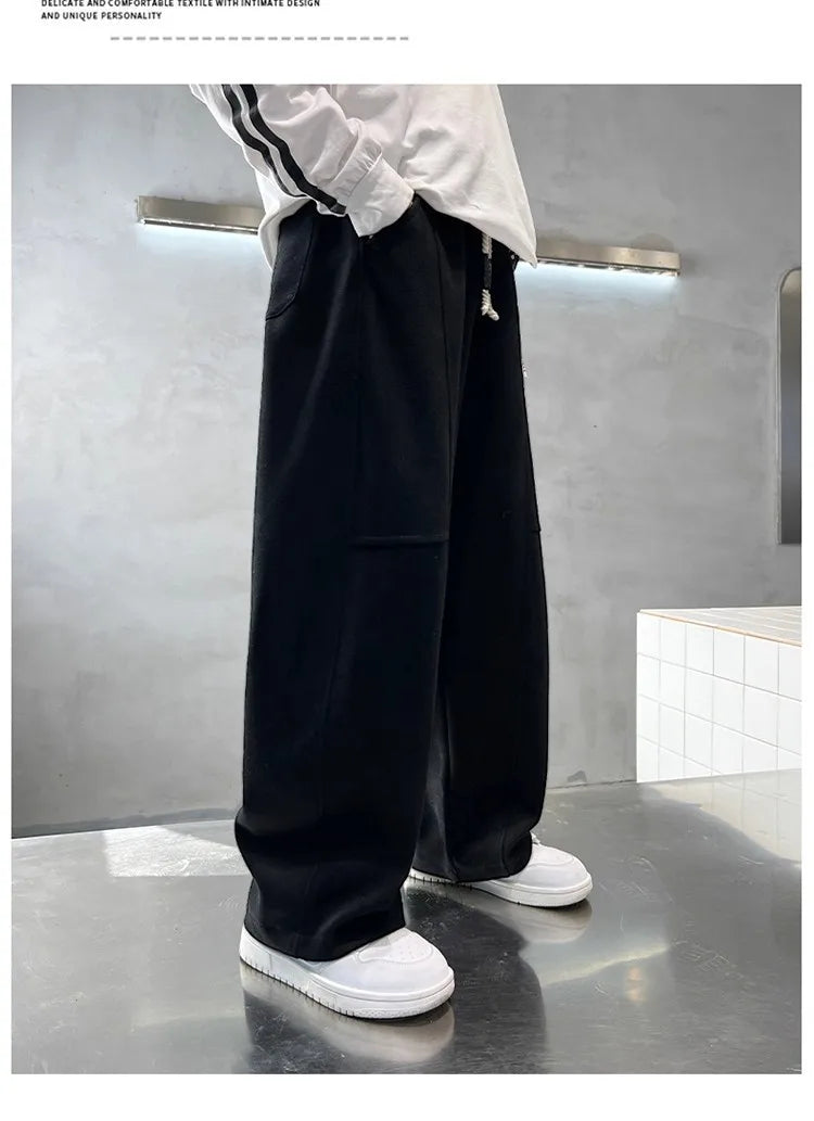 2026 New Spring Casual Kids Pants Black Elastic Waist Straight Leg Sweatpants for Boys Loose Pocket Children Trousers