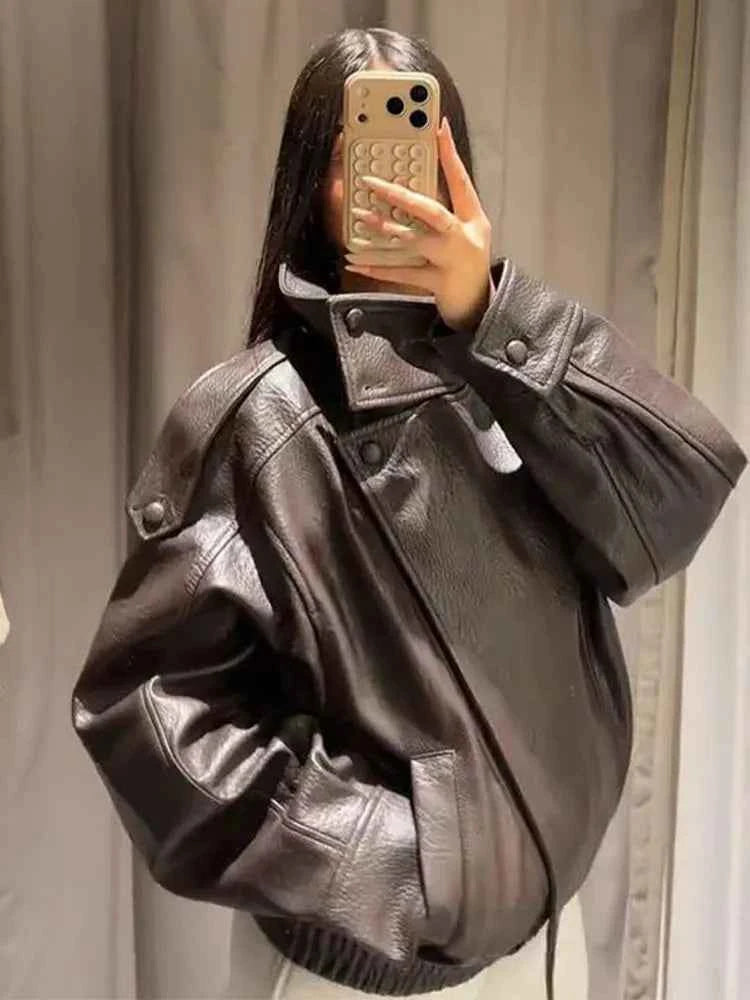 Vintage PU Leather Women's Jacket Stand Collar Zipper Button Coats Female Long Sleeve Outerwear Spring Lady Street Jackets