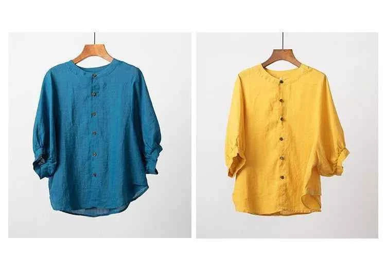Cotton and linen shirt women's spring and summer thin solid color lantern sleeve stand collar top loose large size shirt