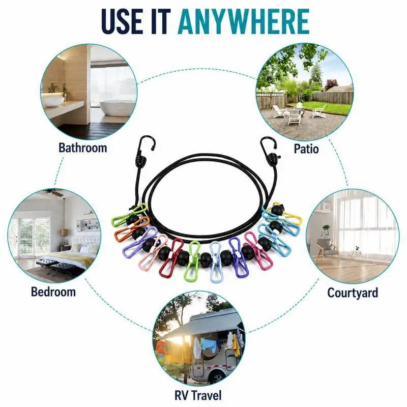 Portable Retractable Travel Clothesline 12 Clothes Clips for Indoor Laundry Drying line,Outdoor Camping Accessories