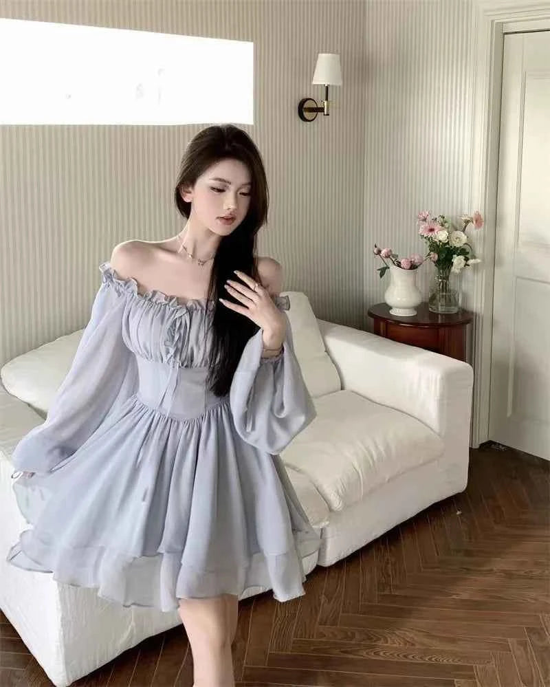 Dresses Women Solid Retro Long Sleeve Slash Neck Autumn Gentle Korean Style Streetwear All-match Lovely Comfortable Stylish Chic