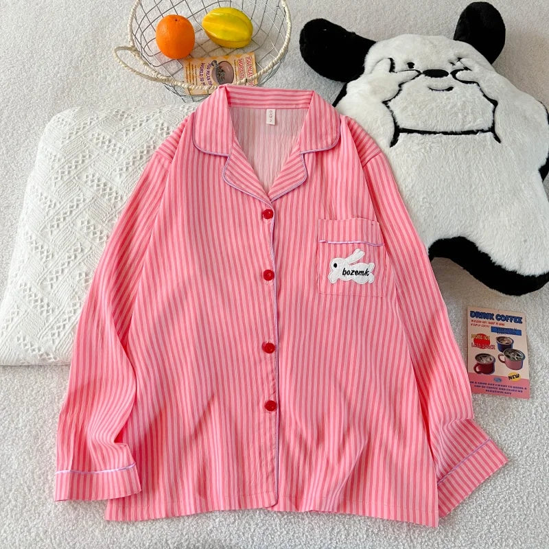 Embroidery Letter Pajamas Set Striped Rabbit Print Autumn Long Sleepwear Home Suit 2025 Lapel Neck New 2 Pcs Women's Pajamas