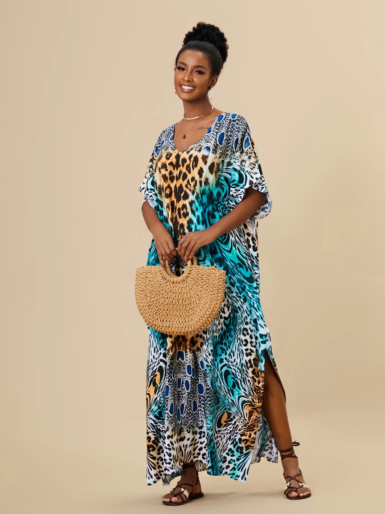 EDOLYNSA 2023 Bohemian Printed Loose Kaftan Casual Summer Vacation Maxi Dress Women Clothing Beach Wear Swim Suit Cover Up Q1469