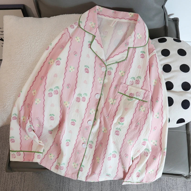 Print Flower Soft Thin Women's Pajama Set Autumn New Casual 2 Pieces Pajama Set Full Length Sleepwear for Sleeping Home Suits