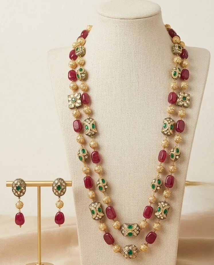 Luxury Multicolor Gemstone Long Necklace Earrings Bracelet Set Gold Plated Kundan Polki Beaded Statement Wedding Jewelry for