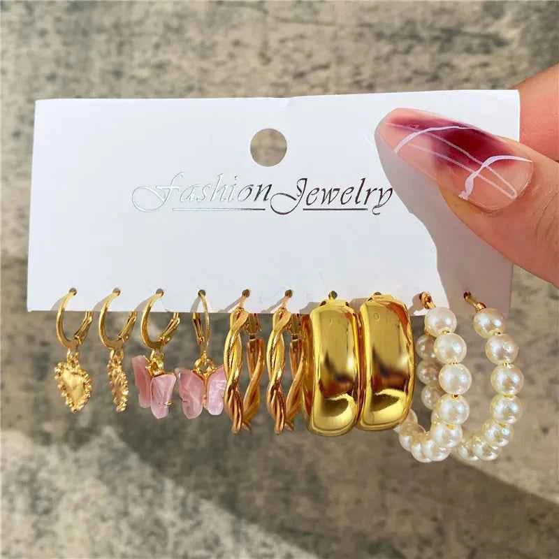 Silver Color Twist Hoop Earrings Set Brincos Heart Pearl Hoops Vintage Metal Geometric Earrings for Women 2023 Trendy Jewerly