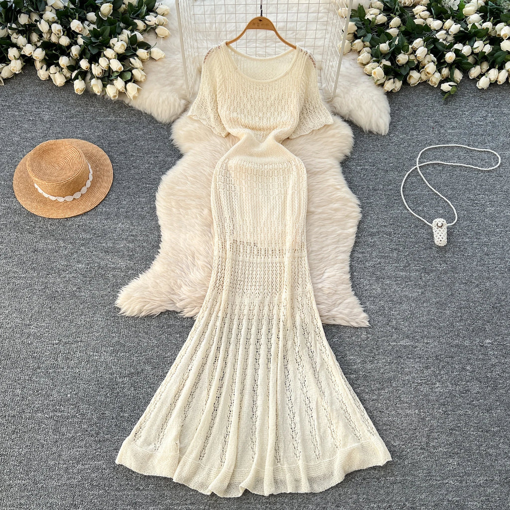 Women Hollow Knitted Dress Summer Flower Short Sleeved Fishtail Bodycon Dress with Camisole Dresses Vintage Party Long Robe