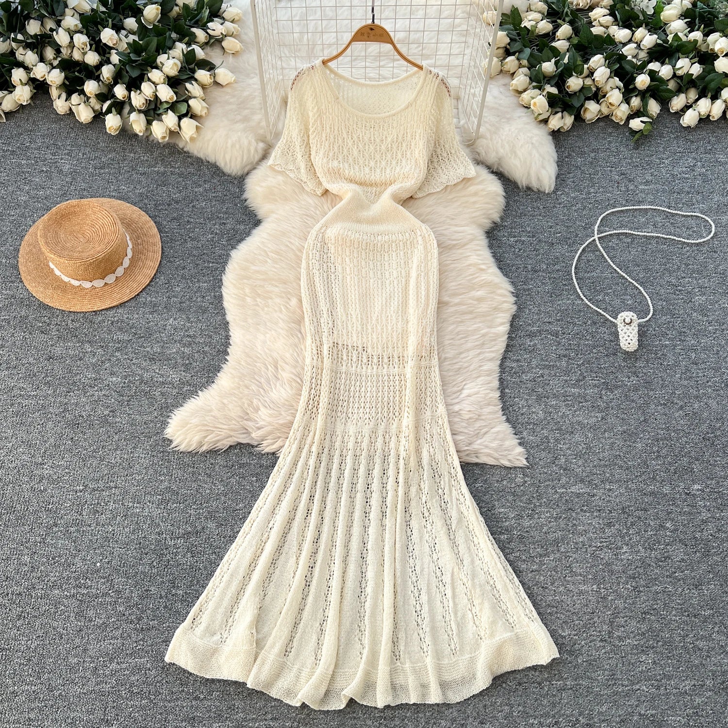 Women Hollow Knitted Dress Summer Flower Short Sleeved Fishtail Bodycon Dress with Camisole Dresses Vintage Party Long Robe