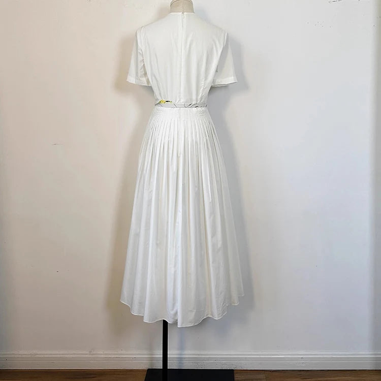 Seifrmann printed white background poplin dress 2025 autumn round neck short sleeved waist cinched long skirt belt dress