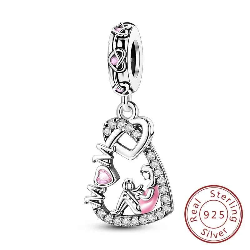 Original 925 Sterling Silver Charm Bead Mother's Day Love Heart Family Charm Bead Pendant Fits Bracelet Womens Jewelry Gifts