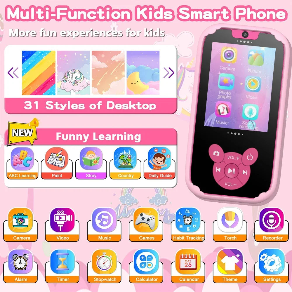 Interesting Kids Smart Learning Phone,8GB Memory Game Gift Educational Toy with Dual Camera &Music Player for Ages 3-12 Birthday