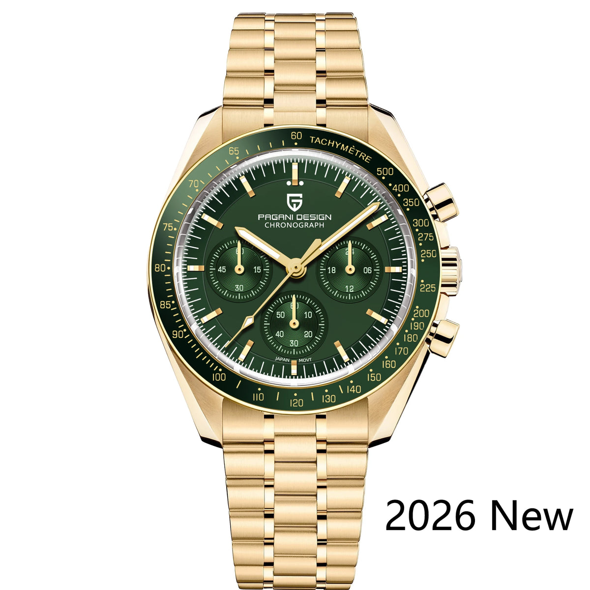 Gold Green Color Men's Chronograph Quartz Watch With Sapphire Crystal