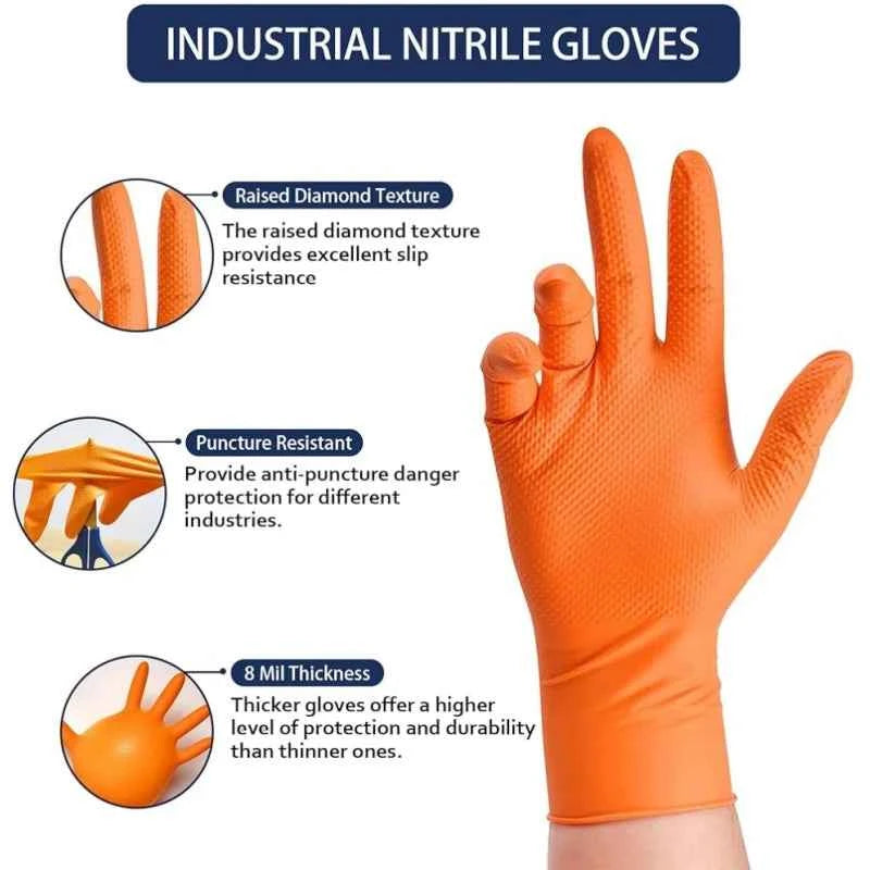 Orange Nitrile Gloves Disposable 8Mil Super Duty Diamond Textured Safety Protective Work Gloves Auto Mechanic Industrial Gloves