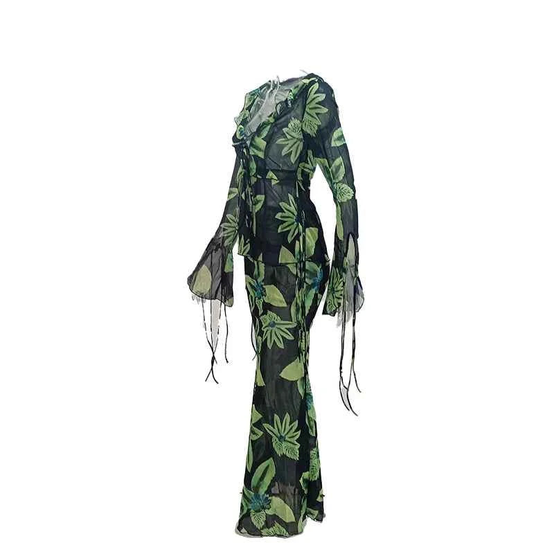 Print Y2K Mesh Long Sleeve Top Shirts Green and Maxi Skirt Bodycon Two Piece Sets Beach Outfits Women Club