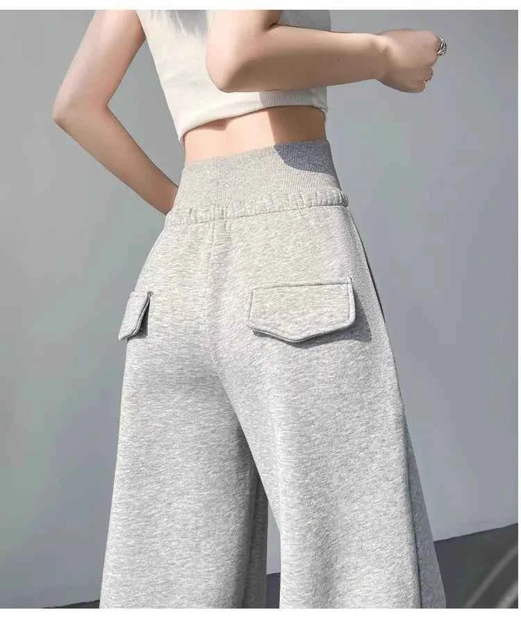 Women's gray sports high waist hanging loose slimming straight leg wide leg pants American sweatpants.