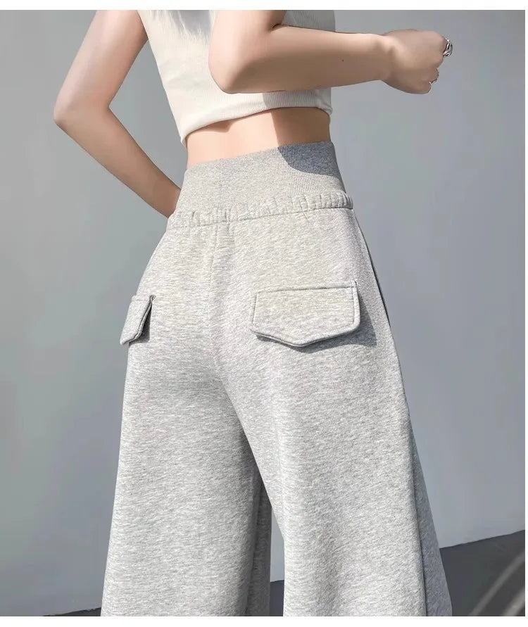 Women's Gray Sports High Waist Hanging Loose Slimming Straight Leg Wide Leg Pants American Sweatpants