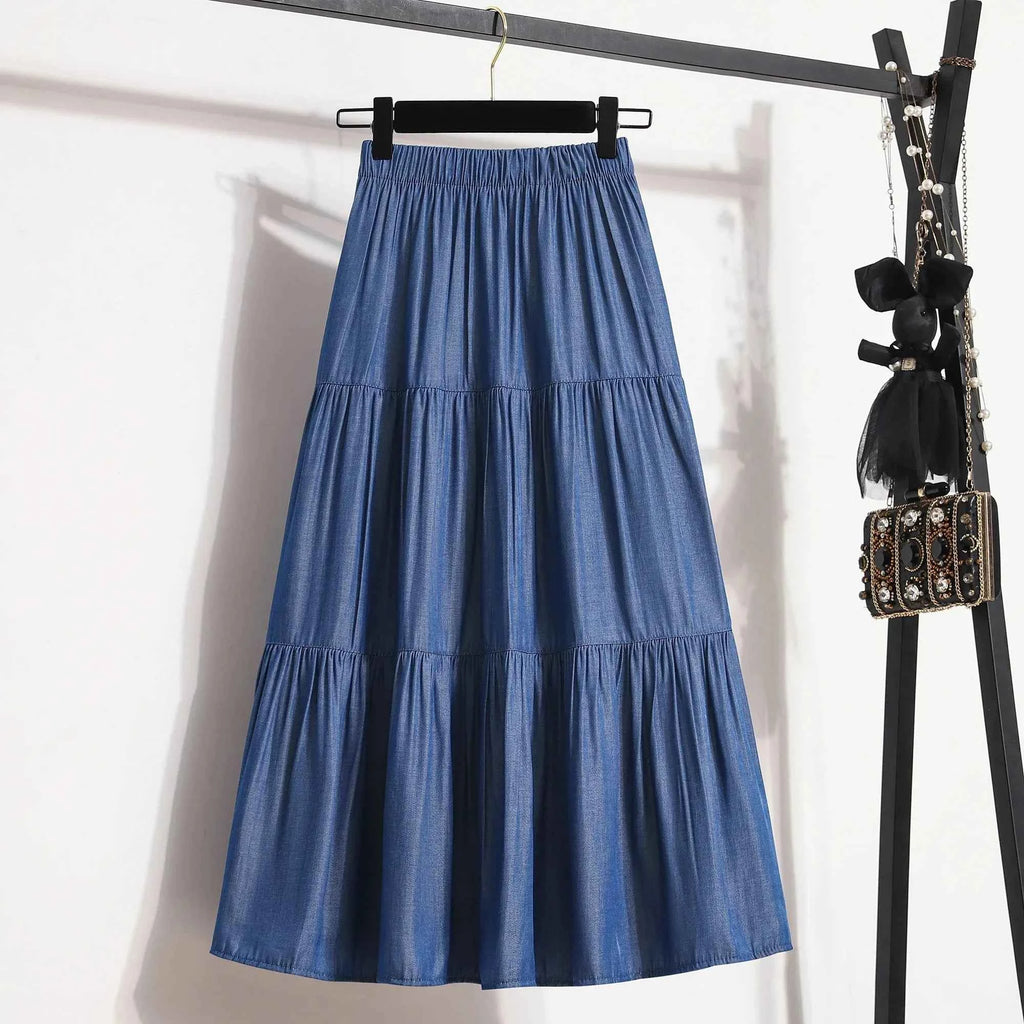 Spring Summer Women Skirts Vintage High Waist Elastic Patchwork White Black Chic Long Cake A-line Skirt