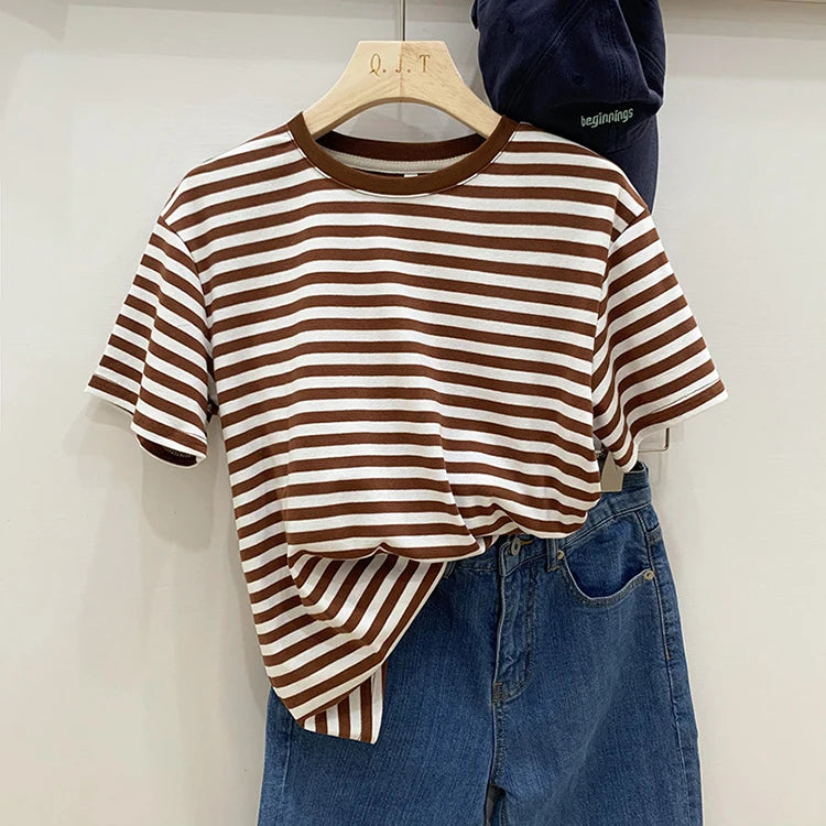 Summer Short Sleeve Striped T-Shirts Versatile Women Knitted Basic Casual Tops Female Cozy Loose Cotton Tees 2023 Harajuku Shirt