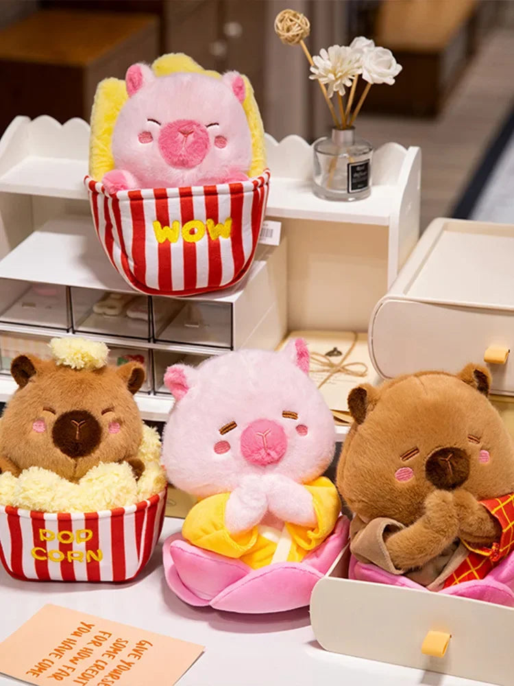 Adorable Plush Pig Bear Capybara Stuffed Animals Set Popcorn Lotus Containers Soft Home Nursery Decor Gift Kids Baby