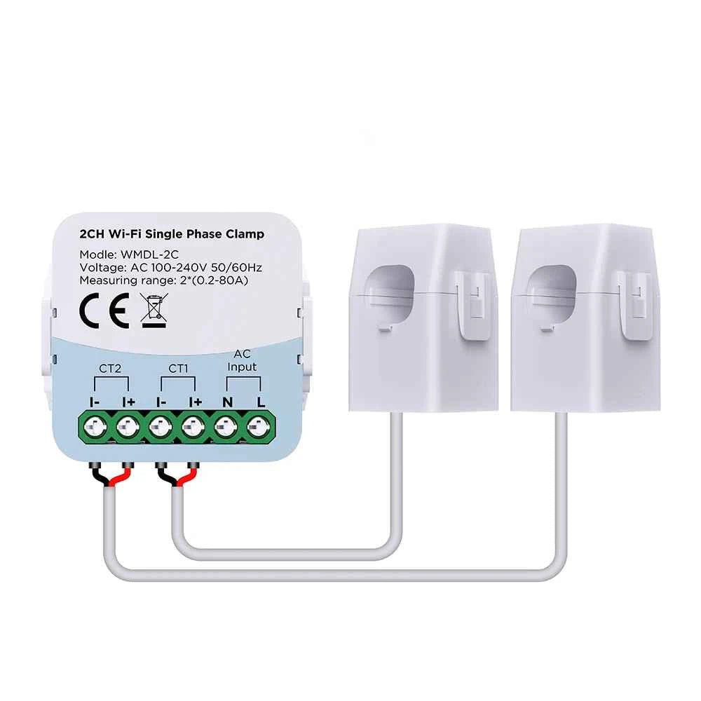 Tuya Smart Energy Meter WIFI Bidirection 2 Channel with Current Transformer Clamp App Monitor Power 80A 110V/240V