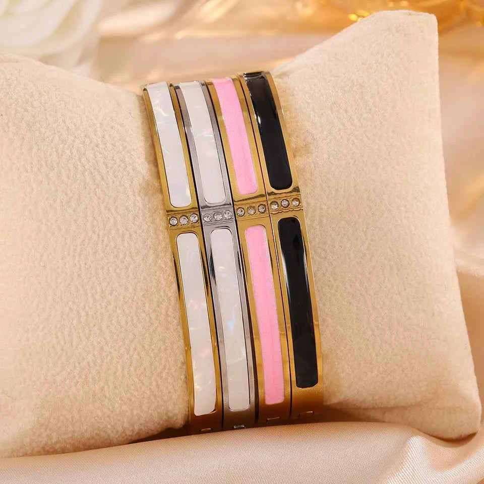 Yupsk New Pink Black Enamel Stainless Steel Bracelet for Women No Fade Color Bangle Trendy Jewelry Accessories Gift
