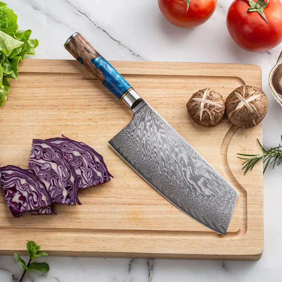1-8pcs Professional kitchen knife set Damascus Steel Set for Meat Cutting Sushi Peeling and Boning Blue Resin Wood Handle