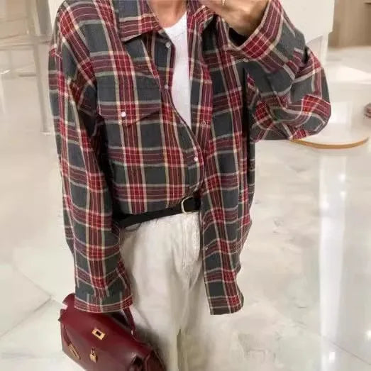 Vintage Plaid Blouse Women Spring Summer Korean Pocket Long Sleeve Lapel Shirt Fashion Streetwear Y2K Clothes 2026 Oversize Tops
