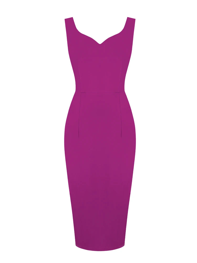 Tonval Sweetheart Neck Sleeveless Office Midi Pencil Dresses for Women 2023 Vintage Red Solid Elegant Slim Bodycon Dress
