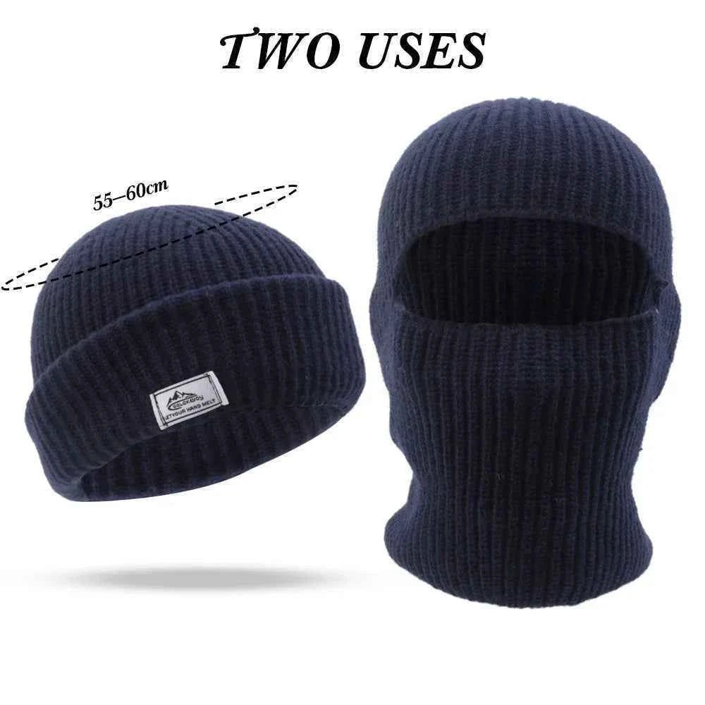 2 in1 Winter Mask Beanies Hats Warm Knitted Balaclava Hats Windproof Solid Full Face Ski Bonnet Tactical Cycling Earmuffs Cap