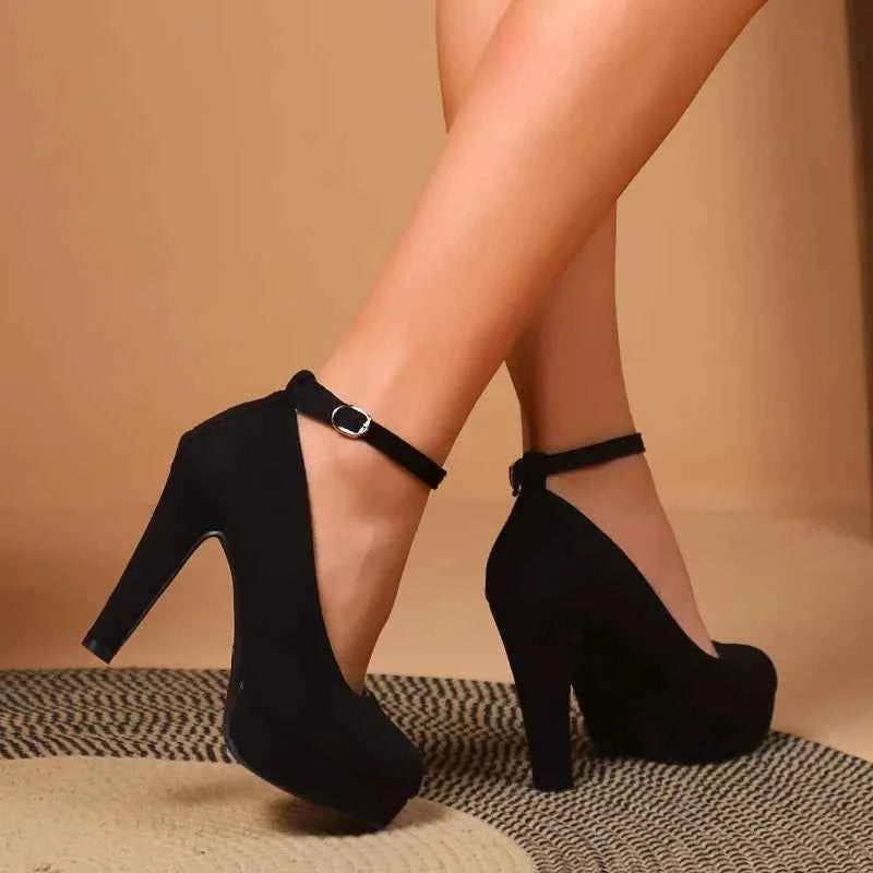 Large Size 42 Sexy Super High Heels Shoes for Women Ankle Buckle Chunky Platform Pumps Woman Black Flock Square Heel Party Shoes
