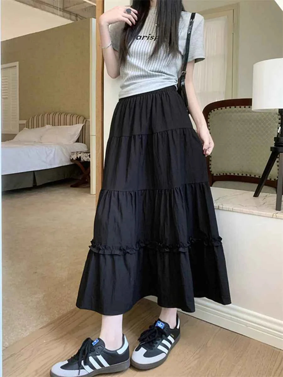Matching Chic lady's white skirt sweet girls cake skirt elastic waist a line mid length flare skirt