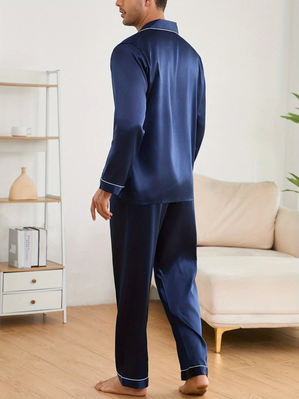 Men's Luxury Pajama Set with Contrast Trim Long Sleeve and Pockets Pants Comfortable Loose-Fit Pajamas for Men Sleepwear Sets