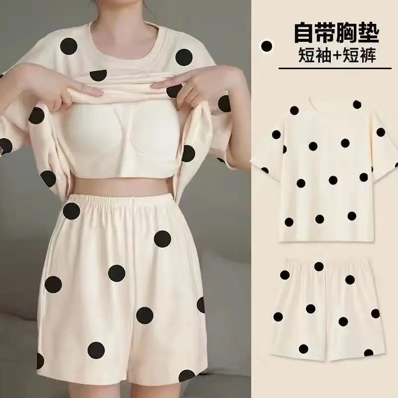 Summer Women's Pajamas Set Sleepwear 2 PCS - Short Tank Tops and Shorts with Chest Pad Womens Printing Pyjama Home Leisure Suit
