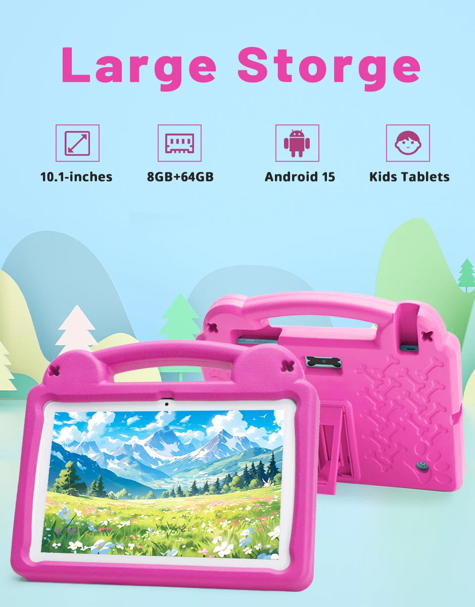 Kids Tablet Android 15 Tablet 10.1inch for Kids with Protective Case Octa-Core 8GB 64GB 1TB Expand Dual Camera Parental Control