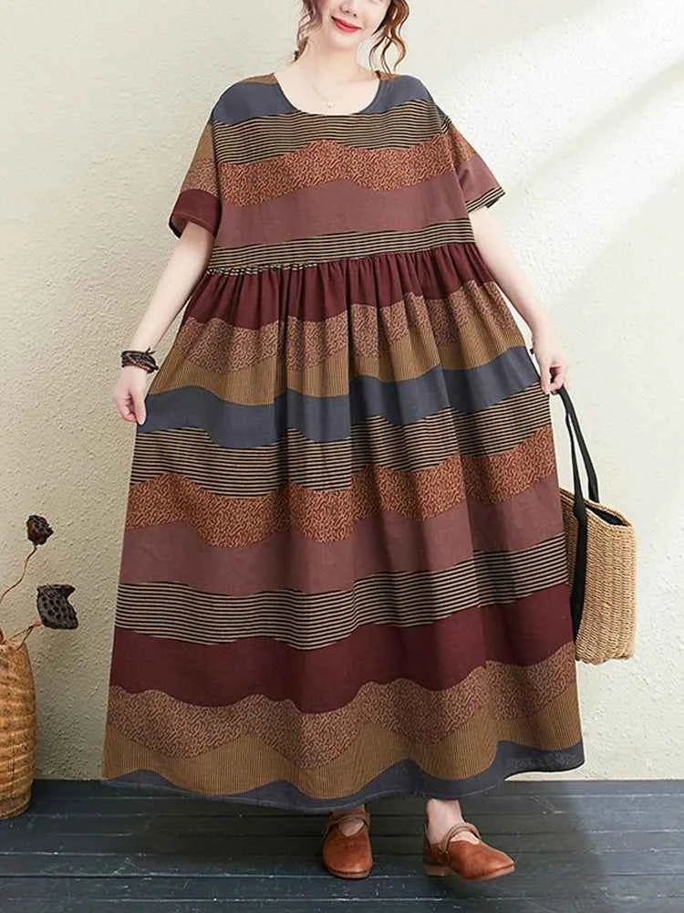 2026 New Summer Cotton Linen Short Sleeve Vintage Striped Print Dresses For Women Long Fashion Dress Elegant Vestidos Robe Femme