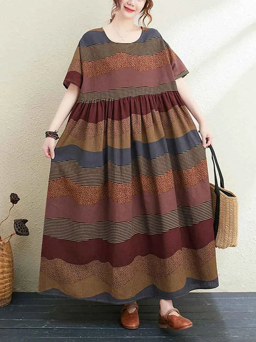 2026 New Summer Cotton Linen Short Sleeve Vintage Striped Print Dresses For Women Long Fashion Dress Elegant Vestidos Robe Femme