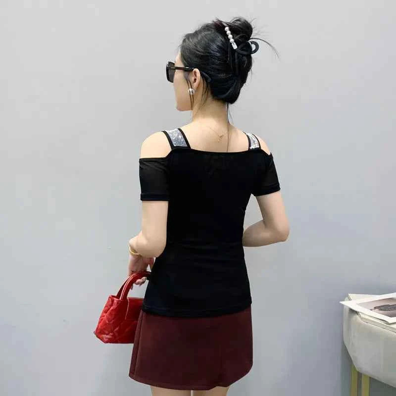 New Arrival Summer European Clothes Women's T-Shirts Chic Luxury Butterfly Hot Diamonds Tees Sexy Girl Slim Streetwear Tops