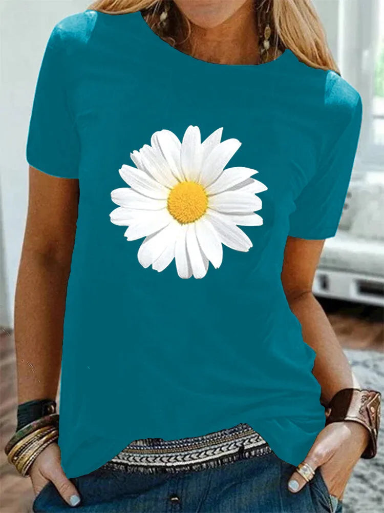 Cotton  100% Women's Round-neck Daisy Print Short-sleeved T-shirt for Women Harajuku  Aesthetic Clothes  Graphic T Shirts  Tops