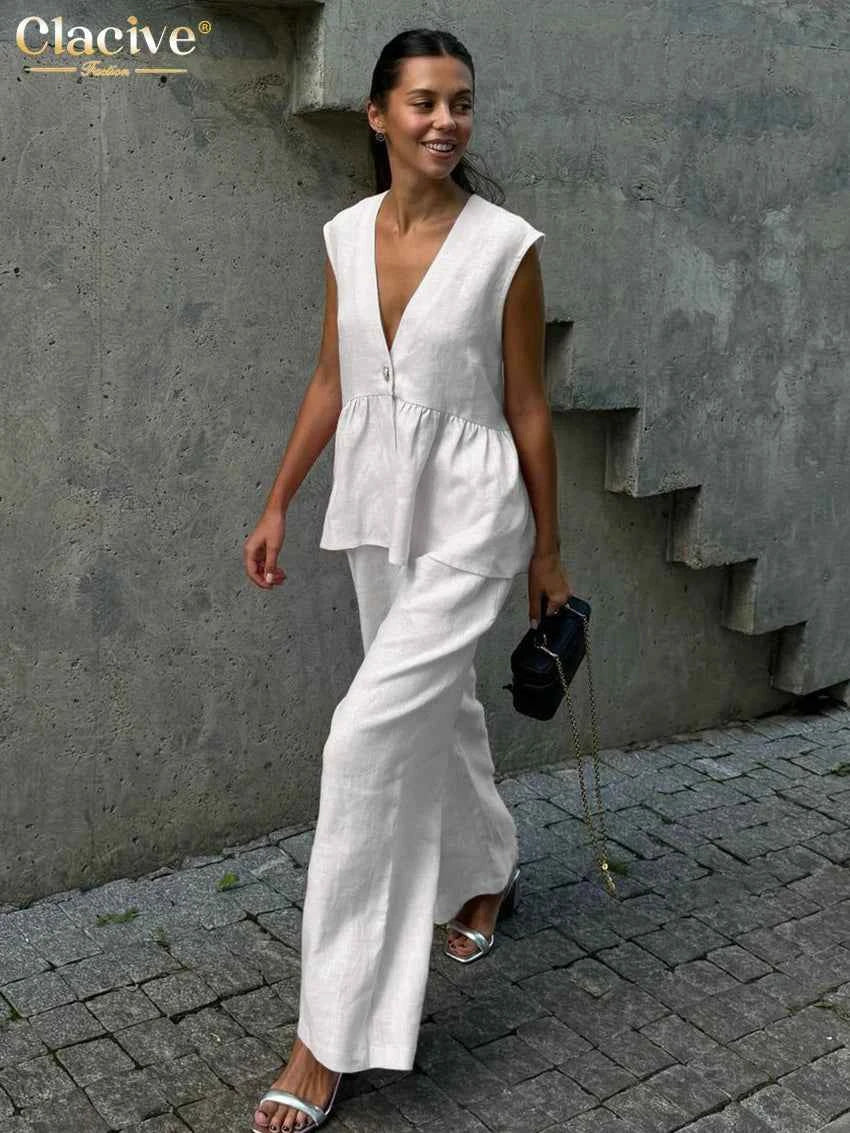 Clacive Summer Loose Pink Cotton 2 Piece Set Women Outfit 2025 Fashion Sleeveless Tank Top With High Waist Wide Pants Set Female