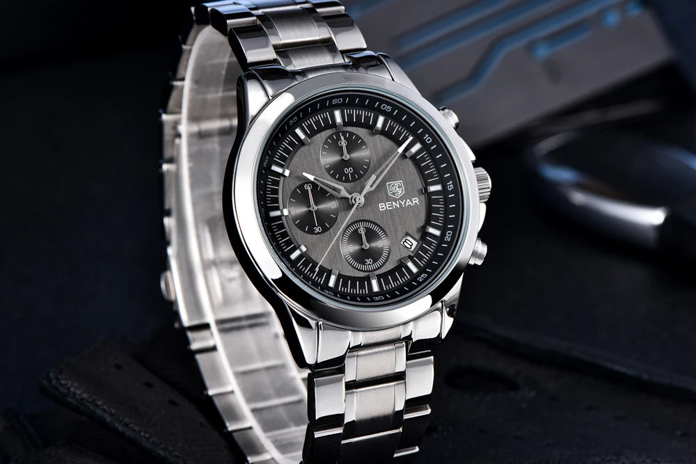 BENYAR Men's Watches Luxury Quartz Wristwatches Chronograph Watch Men Gifts Waterproof Stainless Steel Clock Reloj Hombre 2025