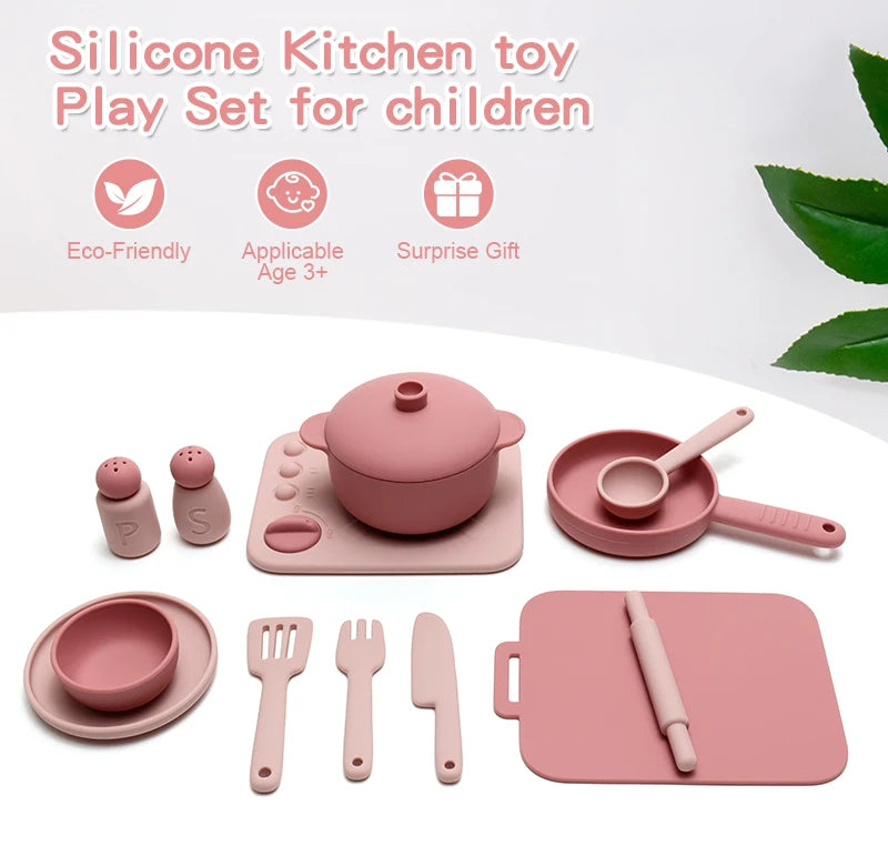 Kids Pretend Play Kitchen Toys, Food-Grade Silicone Dish Set, Realistic Mini Cooking Toys with Bowls, Plates, Pots for Toddlers