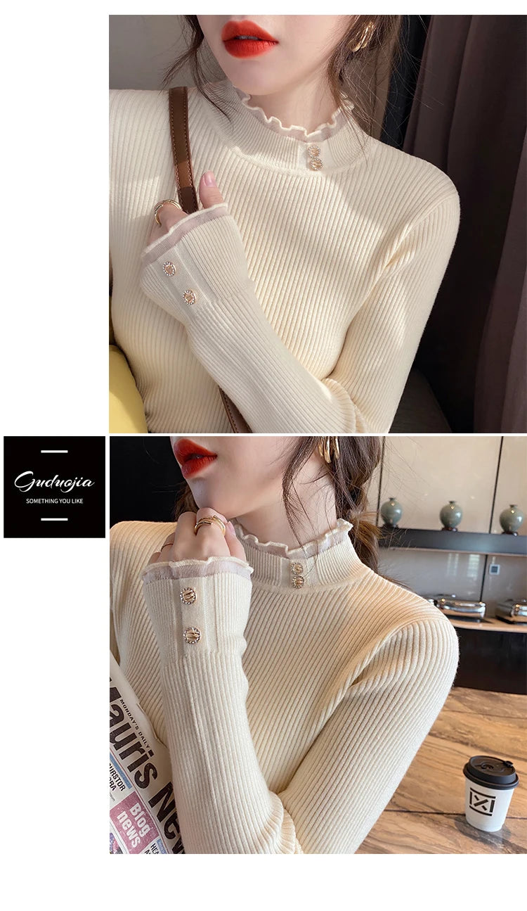 2026 Knitted Women Sweater O-neck Button Pullovers Autumn Winter Basic Sweaters for Female Pullover Slim Solid Bold Lace Tops