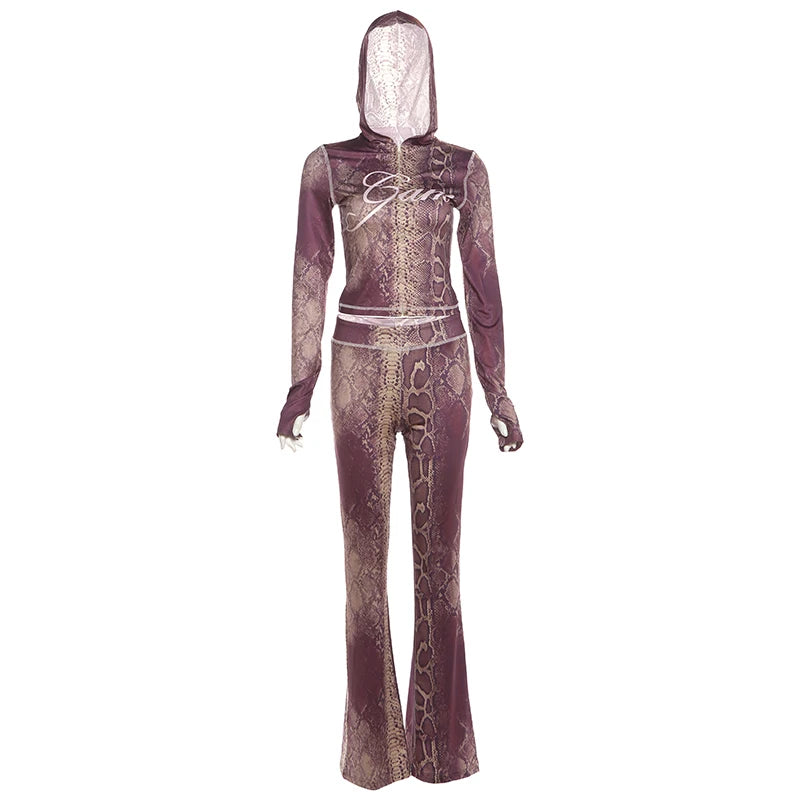 Weird Puss Letter Snake Print Tracksuit 2-Piece Set Women Patchwork Zip Jacket+Pants Matching Casual Stretch Streetwear Outfits